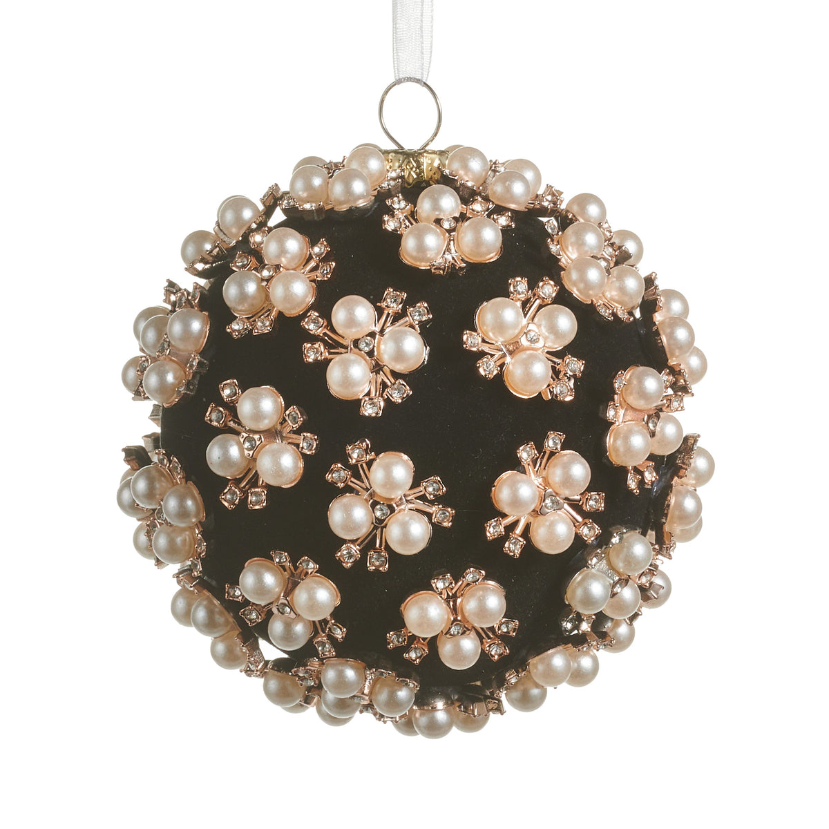 Pearl Clustered Black Ball Ornament, A black ball ornament covered in clusters of cream pearls set in rose gold metal prongs.