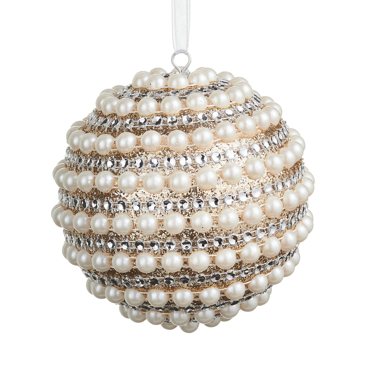 Pearled Ball Ornament, 4 Inch, A round ornament fully covered in rows of cream pearls and clear rhinestones over gold glitter, with a ribbon loop for hanging.