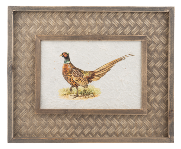 Pheasant Wall Decor, A pheasant with a green head and copper feathers on a cream panel inside a wide wood frame with a woven basketweave pattern.