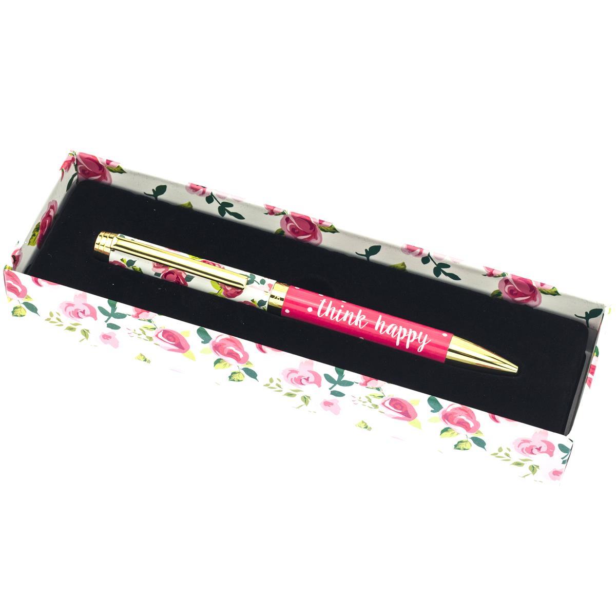 Pretty Floral Fashion Pen, A ballpoint pen with a rose print cap and gold trim, paired with a hot pink polka dot barrel printed Think Happy in white script.