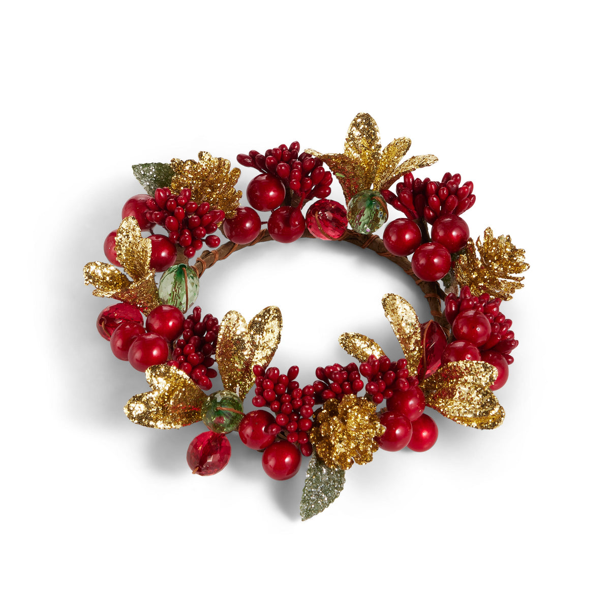 Red and Gold Pillar Candle Ring, A round candle ring of glossy red berry clusters, faceted red and green beads, gold glitter leaves and gold glitter pinecones around an open center.
