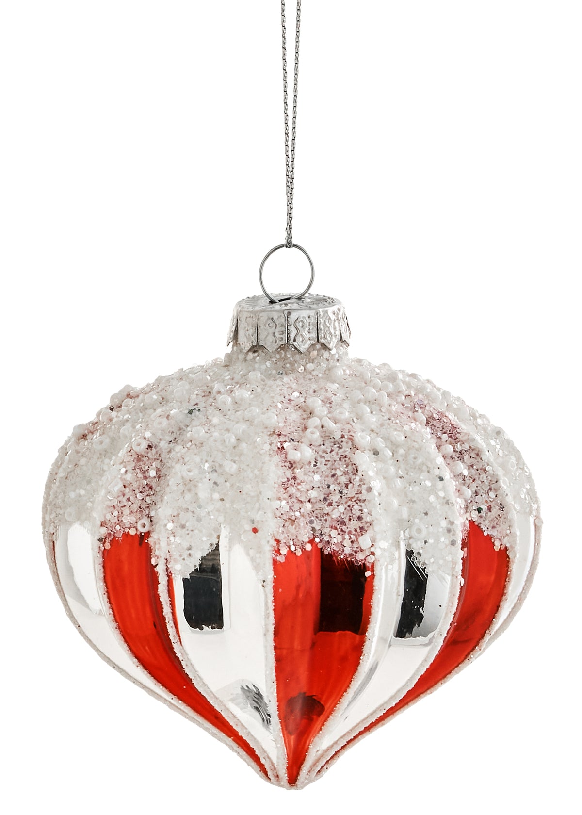 Red and Silver Glass Onion Ornament with Snow, A ribbed glass onion-shaped ornament striped in red and silver, with white glittered snow across its top and a silver cap and cord.