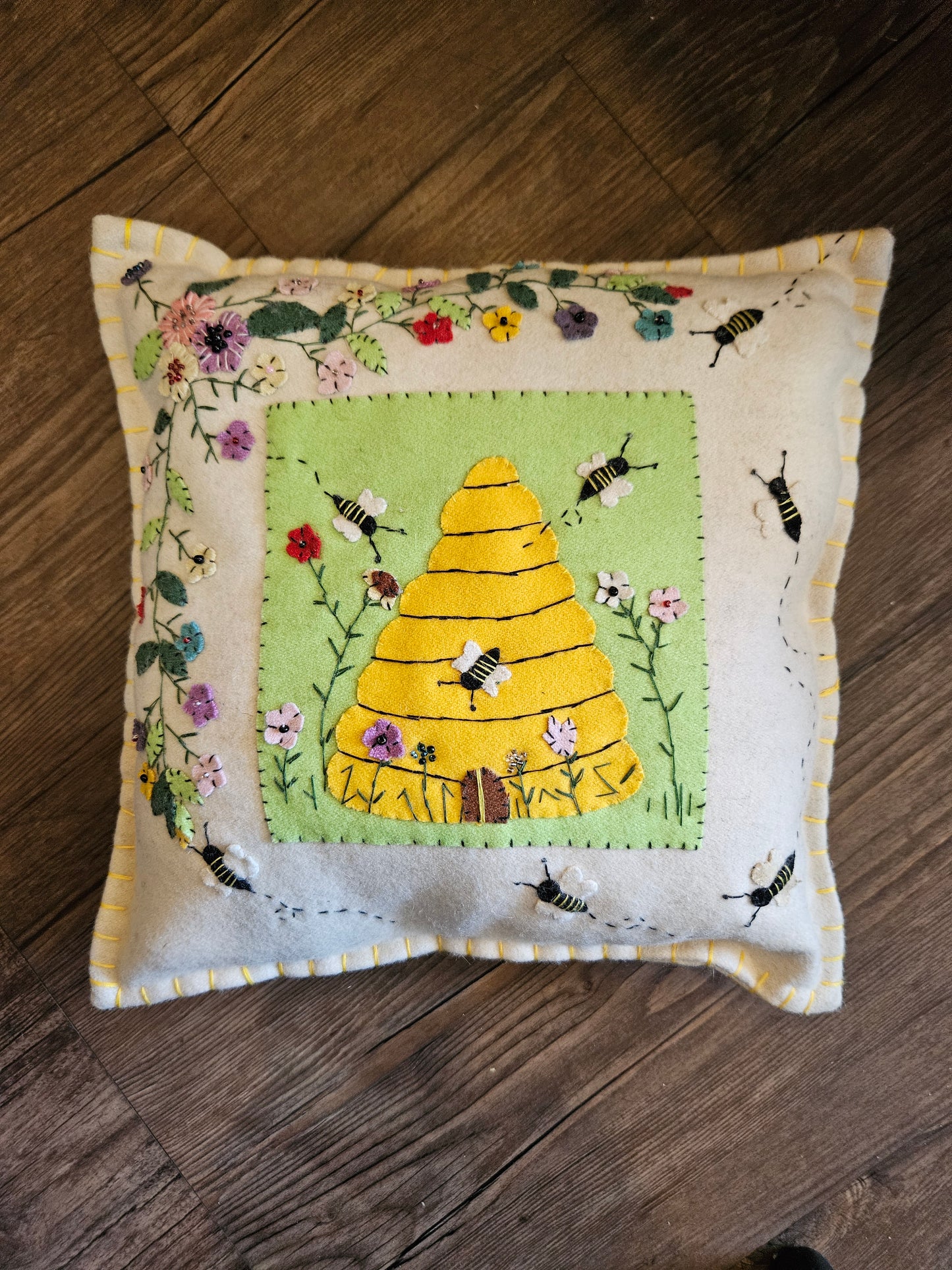Beehive and Flowers Throw Pillow