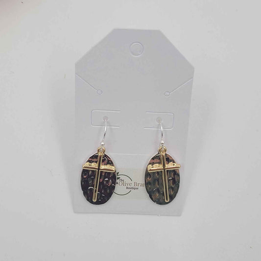 Hammered Two-Tone Cross Earrings