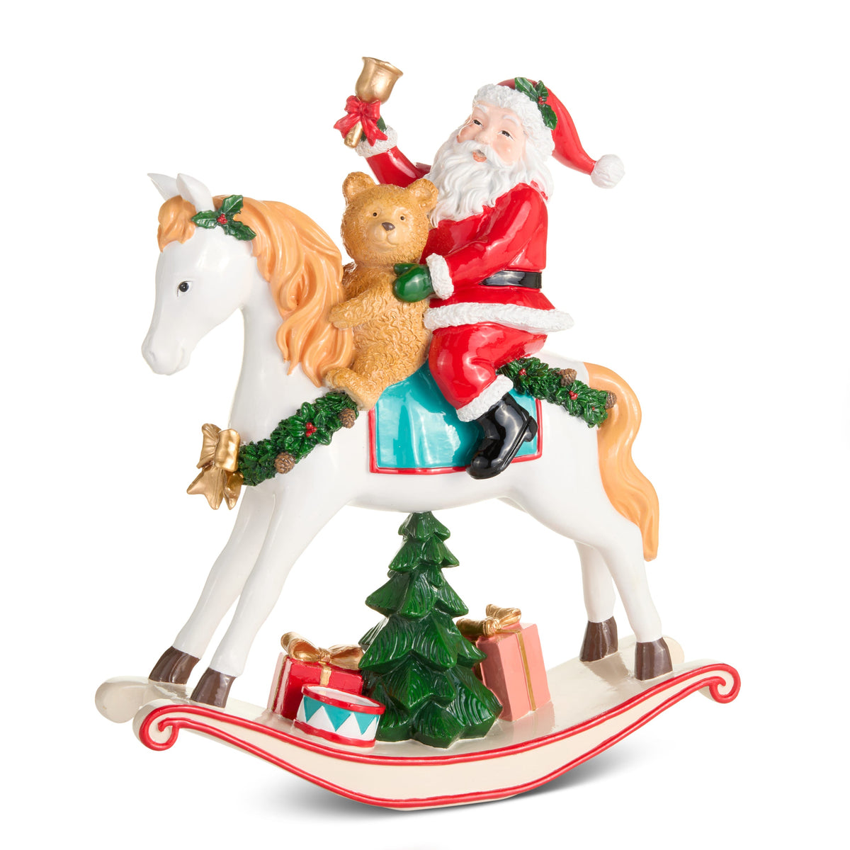 Santa on Rocking Horse Figurine, A resin figurine of Santa ringing a gold bell while riding a white rocking horse with a teddy bear, with a small tree, presents and a drum on the rocker base.
