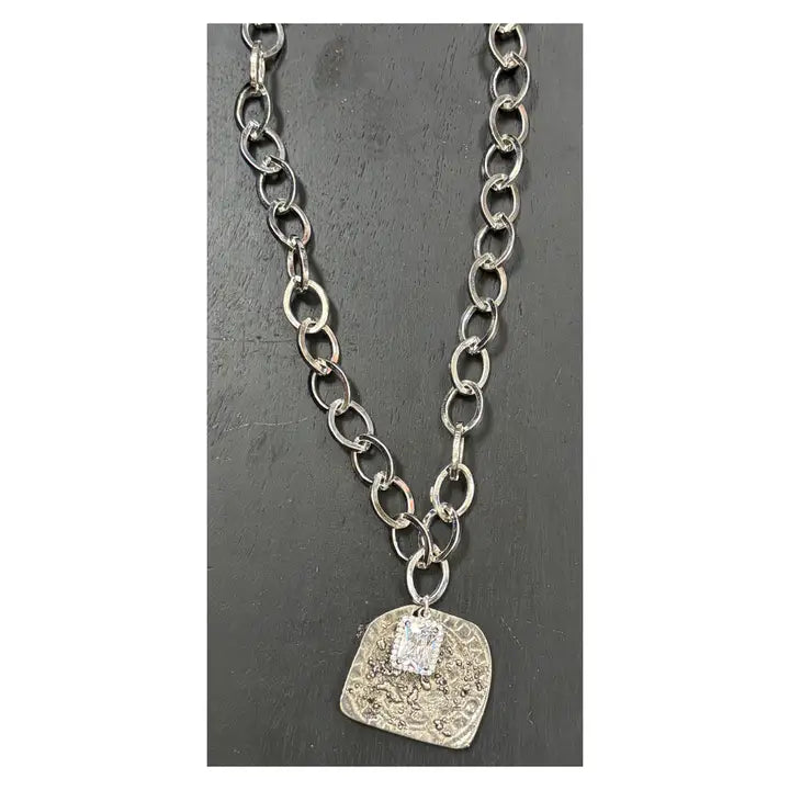 17" Silver Plated Chain Necklace with Crystal Pave' and Silver Pewter Stamped Pendant