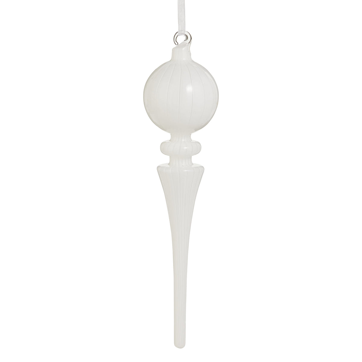 White Stripe Glass Finial Ornament, A long white glass finial ornament with fine vertical stripes, a round top, a ringed collar and a slender tapered point.