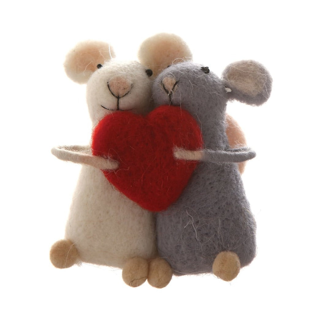 Wool Felt Mice with Heart Ornament, Two felt mice, one cream and one grey, sit side by side hugging a red felt heart against a white background.