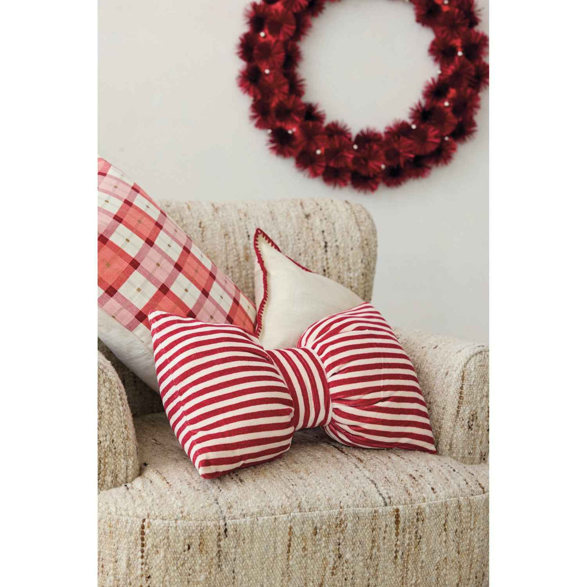 Velvet Bow Striped Lumbar Pillow in Red and Cream