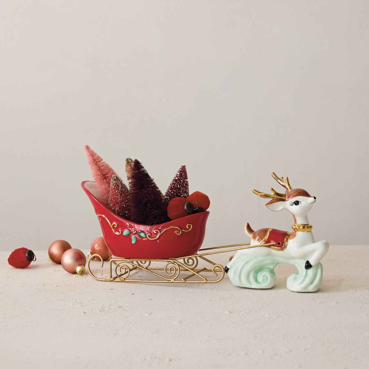 Ceramic Sleigh Bowl with Reindeer, Gold Trim