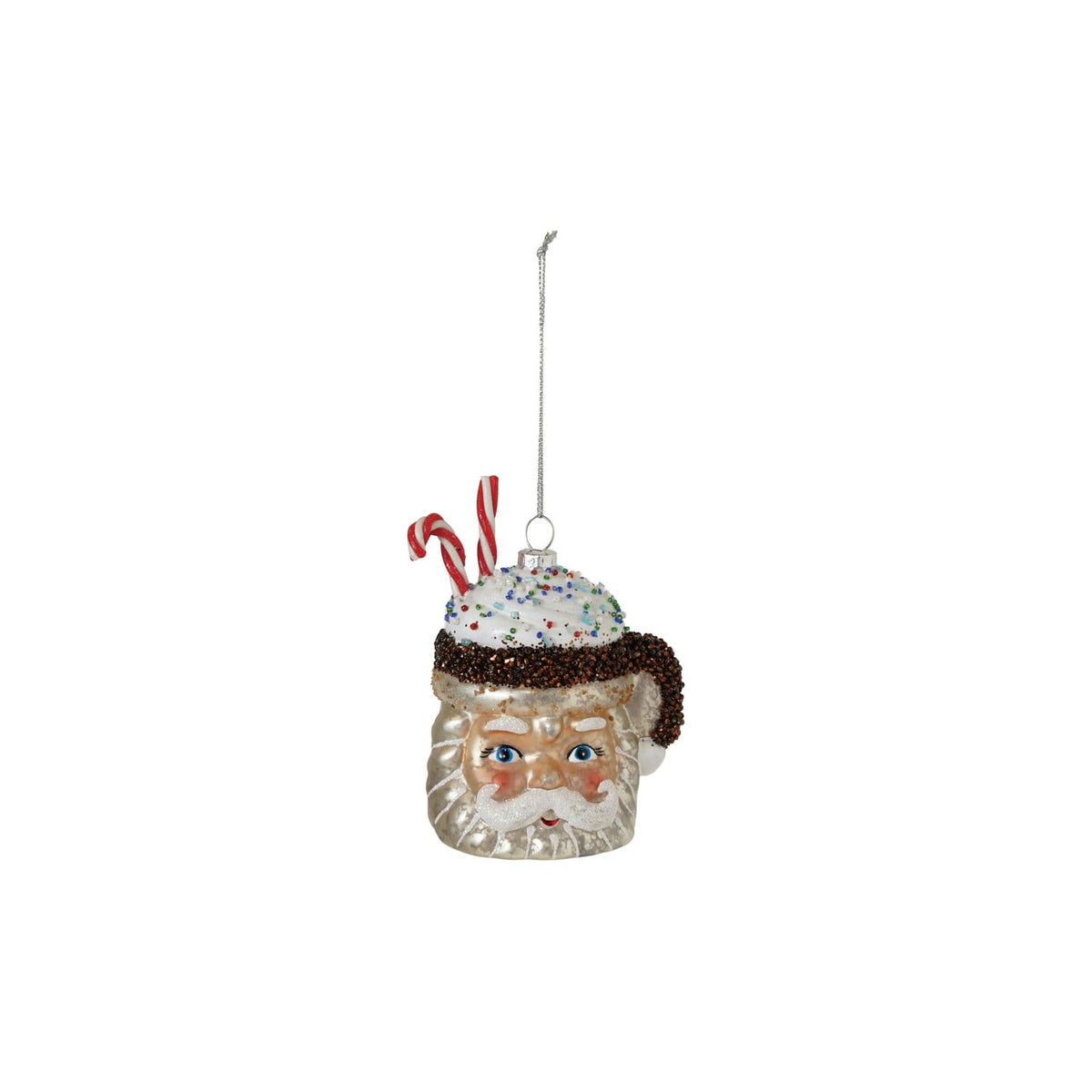 Mercury Glass Santa Mug Ornament with Candy Cane and Glitter, A mercury glass ornament shaped like a mug with a Santa face, topped with glittered white icing and a red and white candy cane.