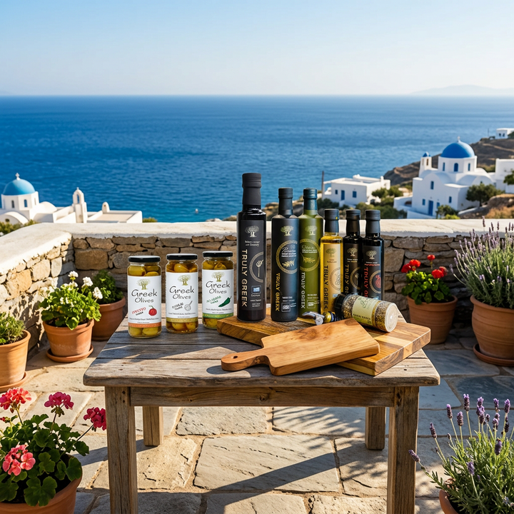 Truly Greek items in front of the sea in Greece