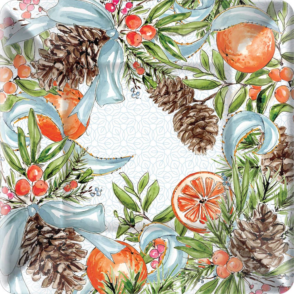 tea towel with oranges and pinecones