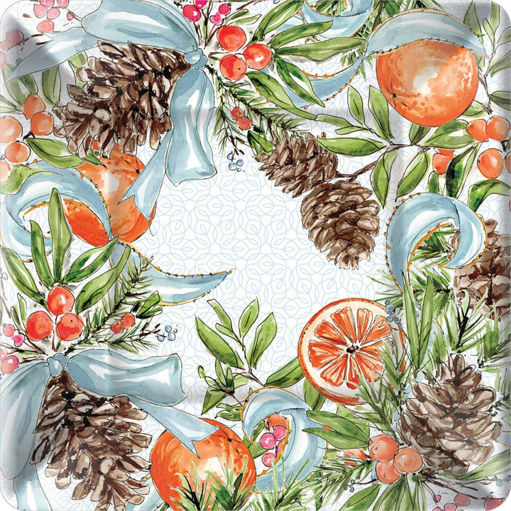 tea towel with oranges and pinecones