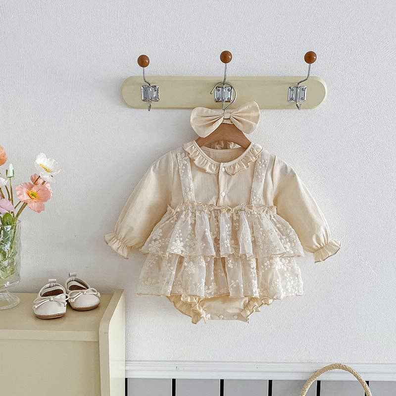 Lace Long-Sleeved Baby Girl Romper Matching Headband: 6M