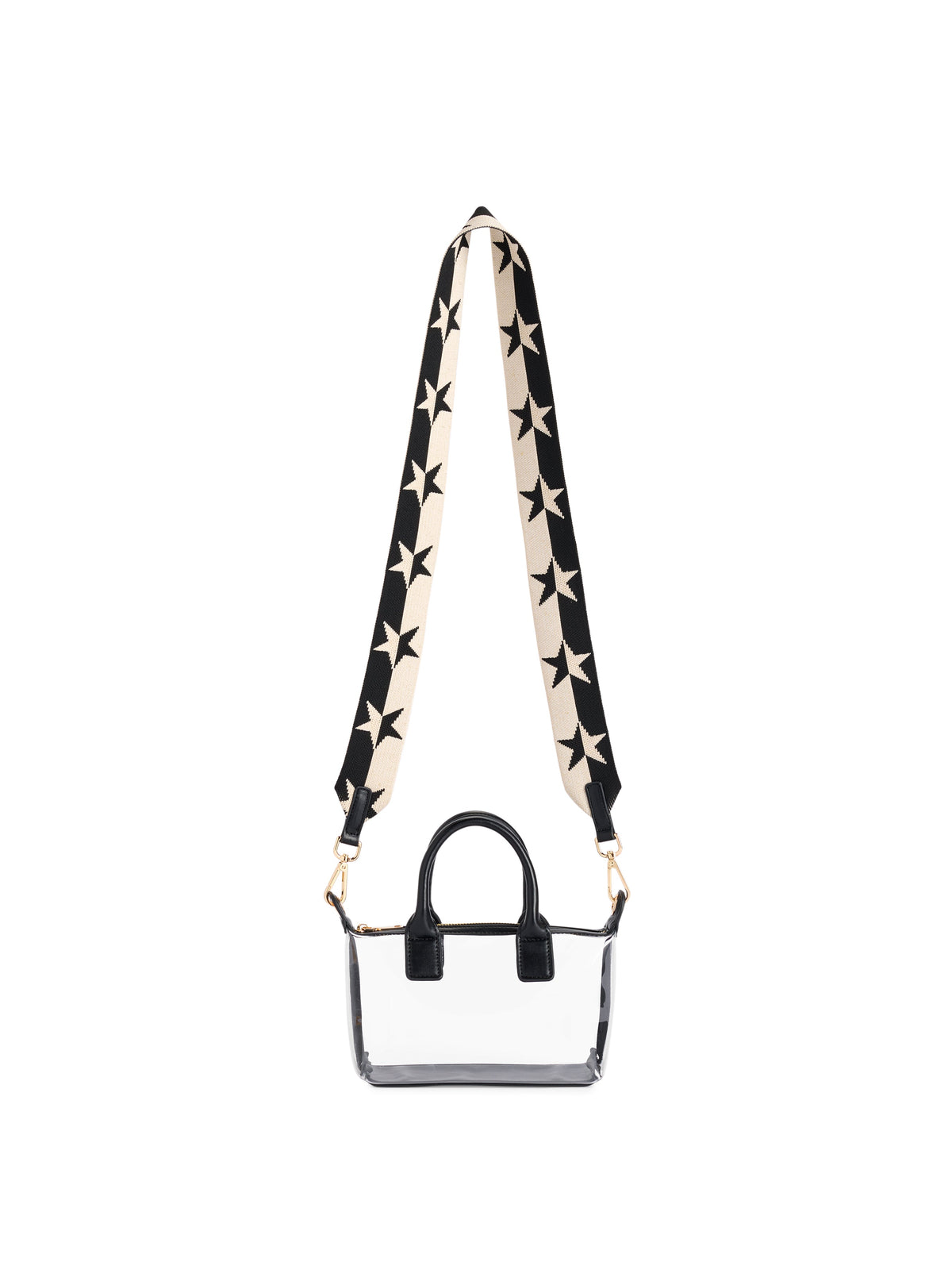 Spectator Clear Stadium Top Handle Cross-Body Bag, Black, A clear PU bag with black handles and gold hardware, with a long black and cream star-patterned strap hanging above it.
