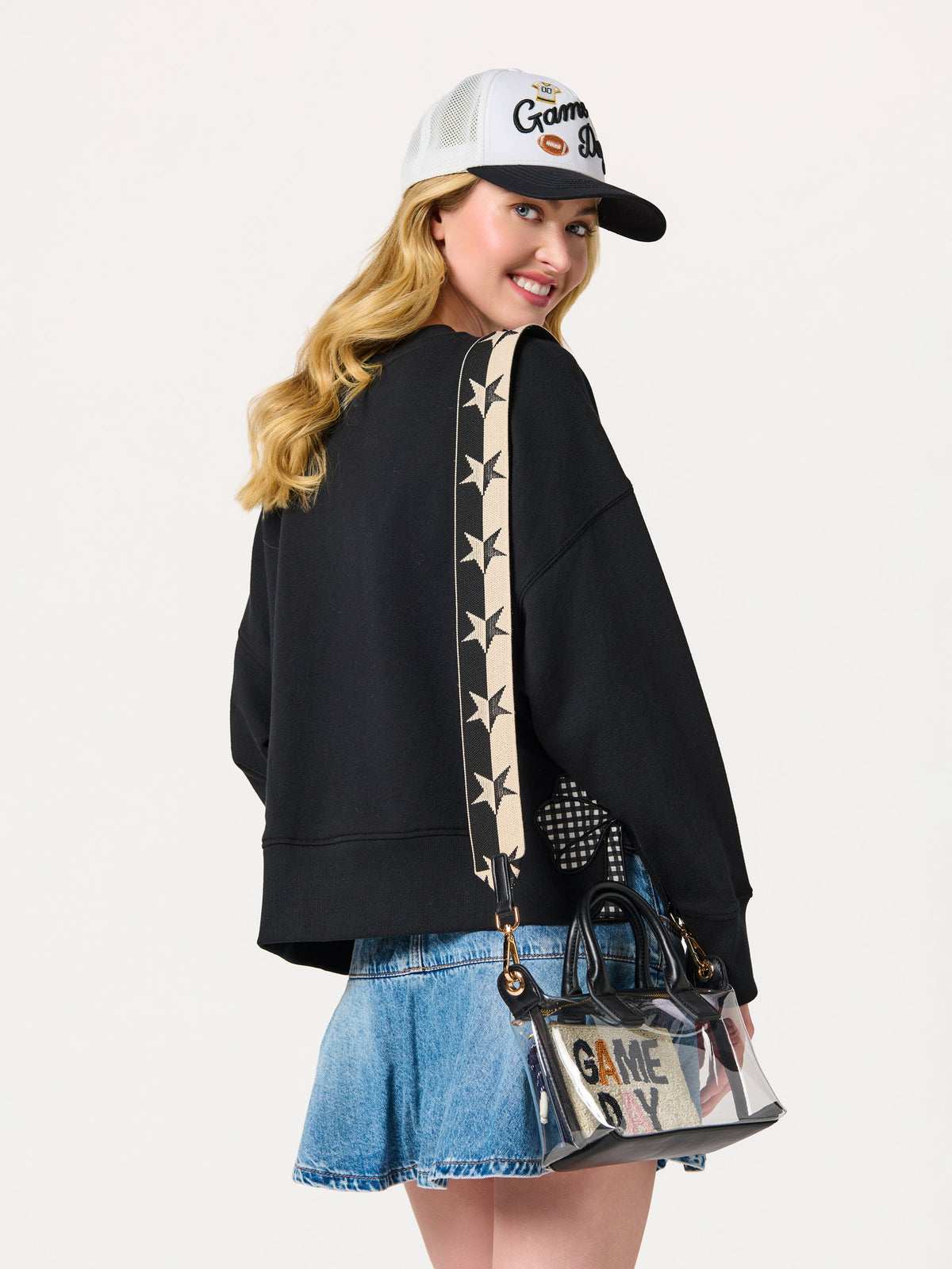 Spectator Clear Stadium Top Handle Cross-Body Bag, Black, shown in a styled setting