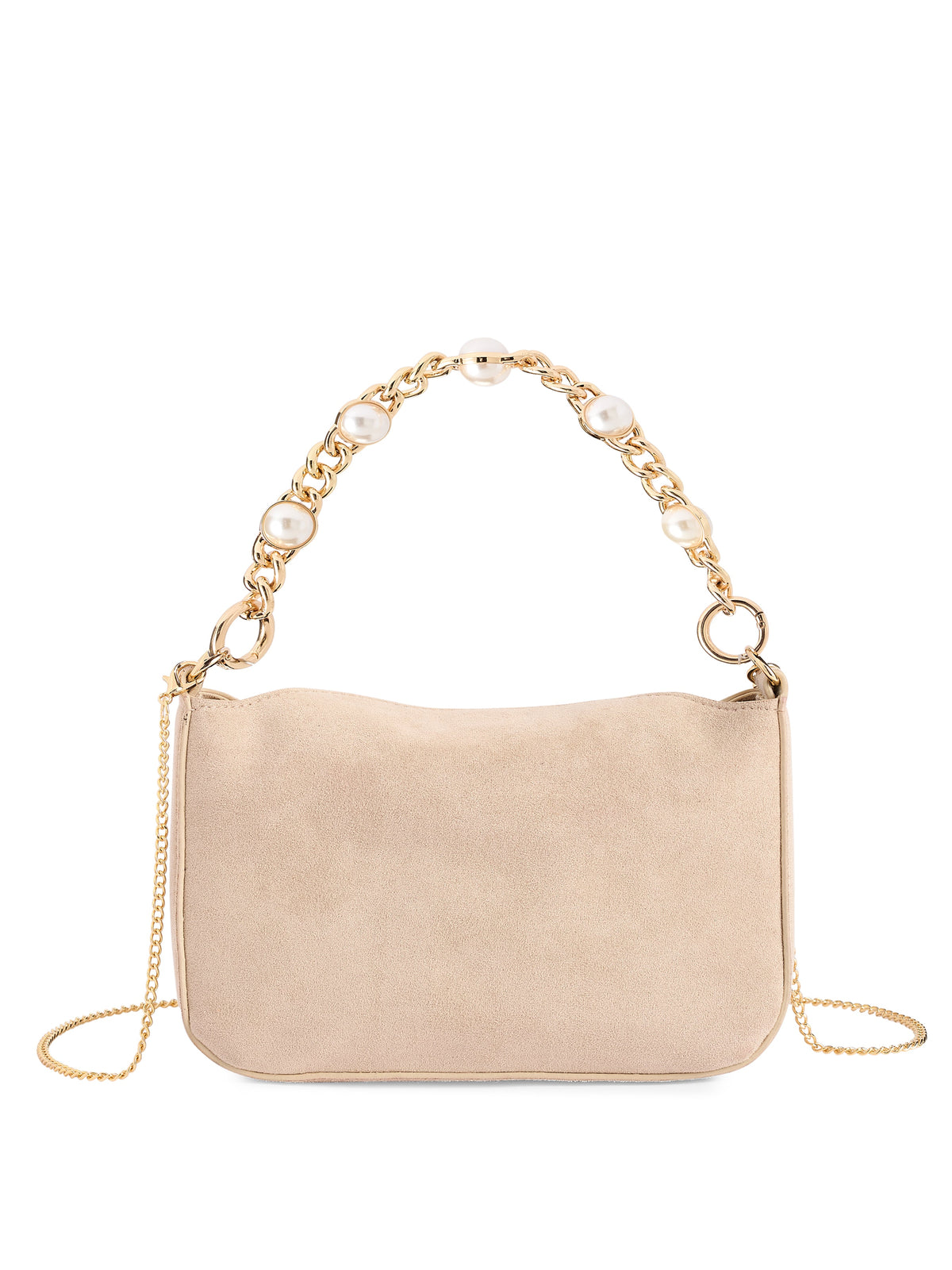 Ellie Top Handle Bag with Pearl Chain Handle, Bone, A bone suede-like bag with a gold chain handle set with pearls and a thin gold chain strap looped at the sides.