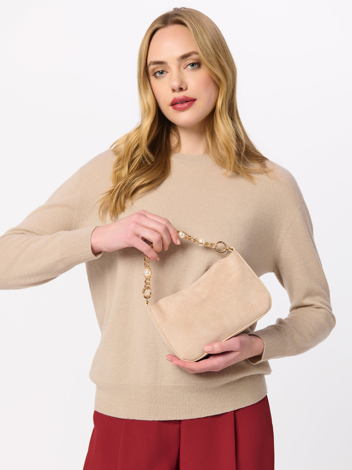 Ellie Top Handle Bag with Pearl Chain Handle, Bone, shown in a styled setting