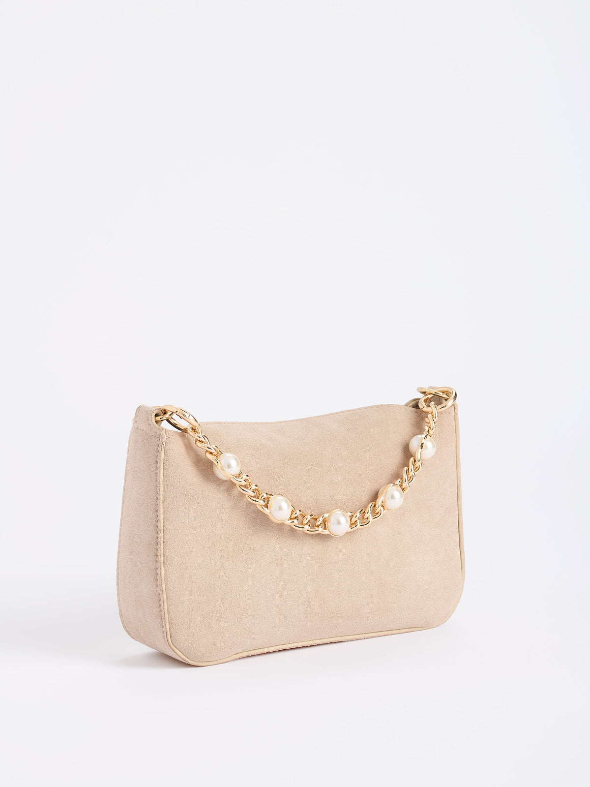 Ellie Top Handle Bag with Pearl Chain Handle, Bone, shown in a styled setting