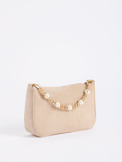 Ellie Top Handle Bag with Pearl Chain Handle, Bone, shown in a styled setting