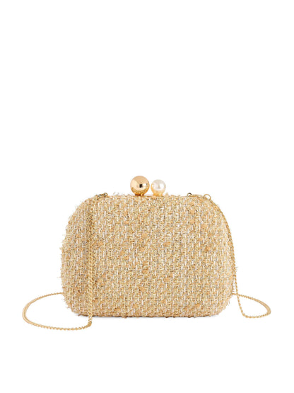 Jolly Tweed Minaudiere Clutch with Cross-Body Chain, Gold