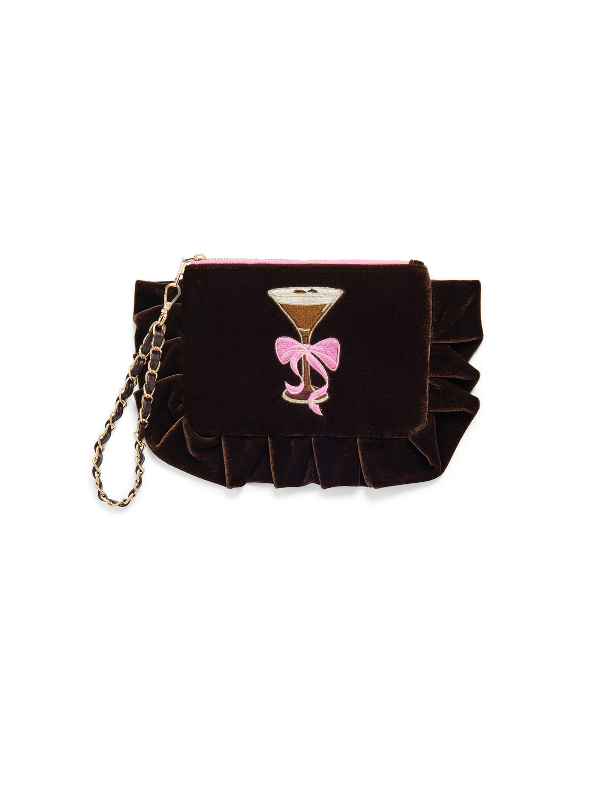 Espresso Martini Velvet Wristlet with Ruffle Trim, Chocolate, A chocolate brown velvet wristlet with ruffle trim, an embroidered espresso martini with a pink bow and a chain wrist strap.