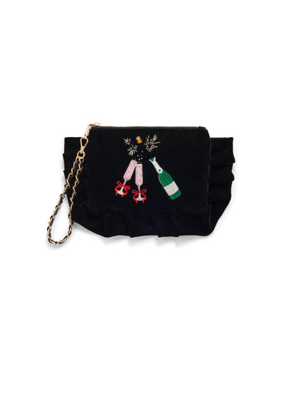 Pop Velvet Wristlet with Champagne Embroidery, Black, A black velvet wristlet with ruffle trim, embroidered champagne flutes, a green bottle and fireworks, and a chain wrist strap.
