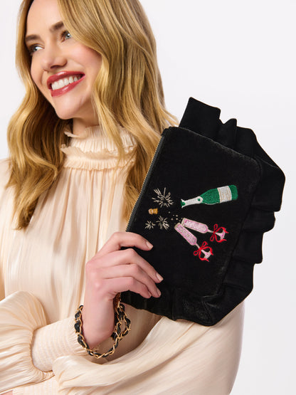 Pop Velvet Wristlet with Champagne Embroidery, Black, shown in a styled setting