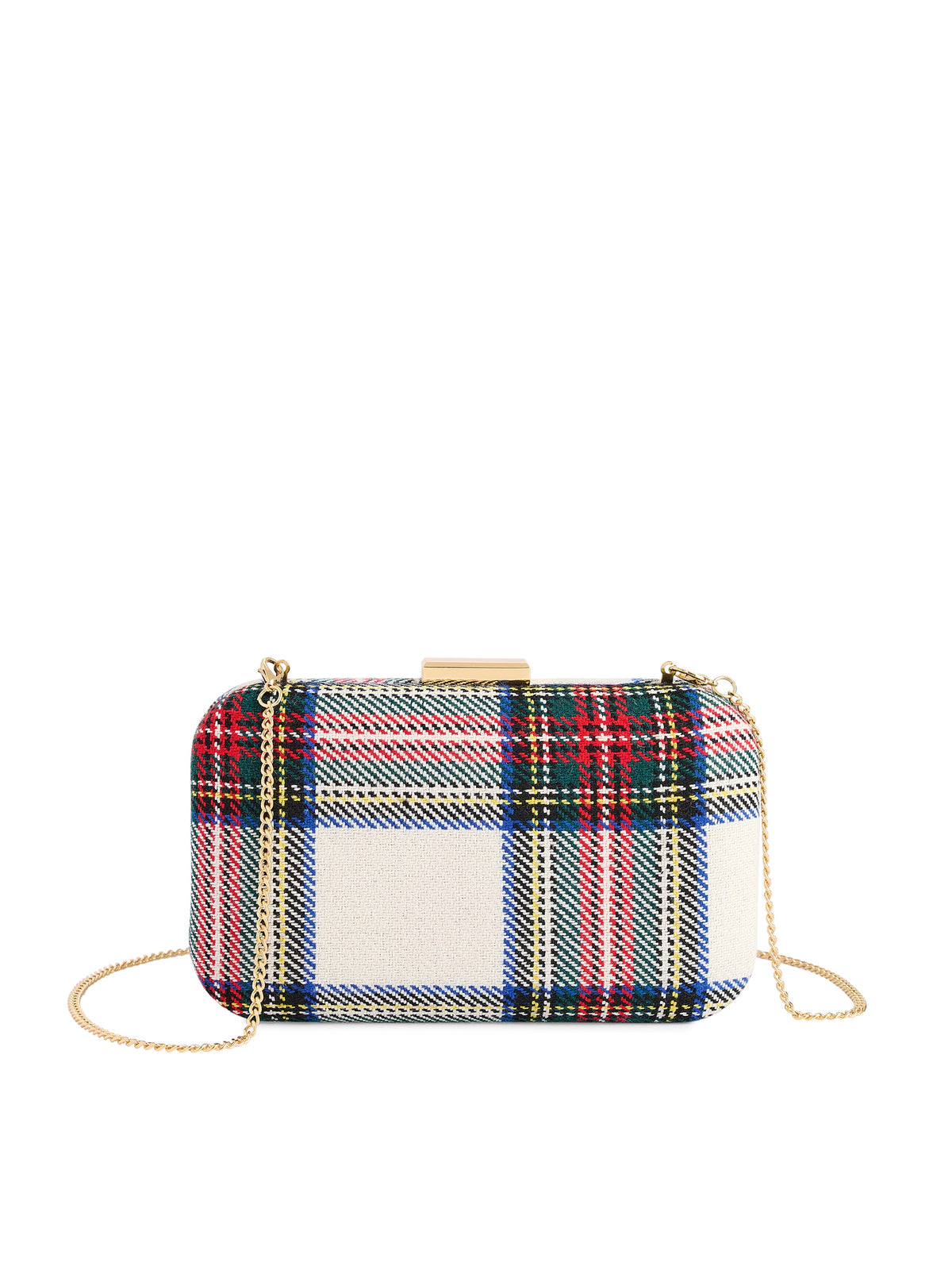 Scottie Tartan Plaid Minaudiere Clutch, Ivory, A rectangular clutch covered in ivory tartan with red, green, blue and yellow stripes, a gold clasp and a thin gold chain.