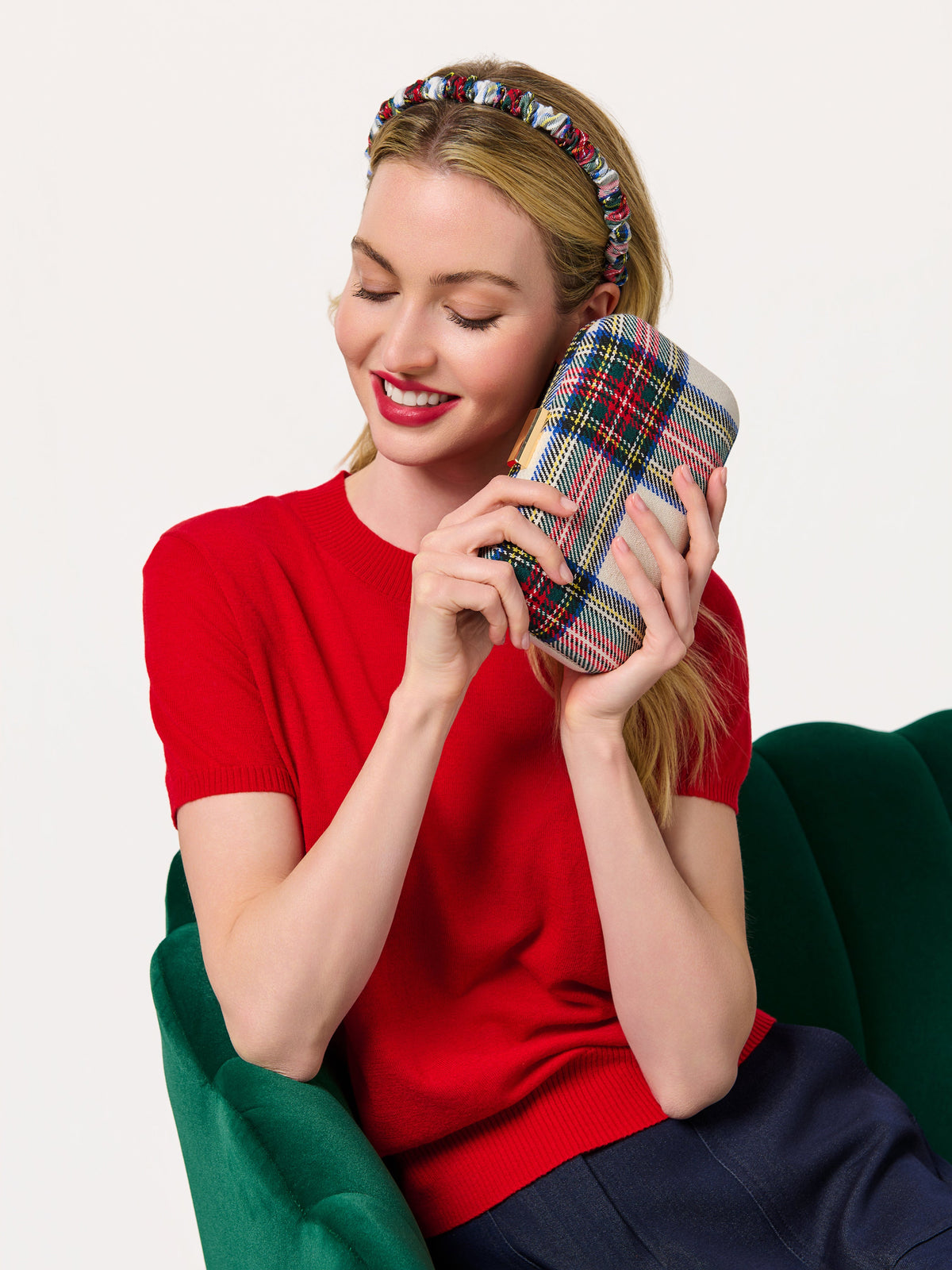 Scottie Tartan Plaid Minaudiere Clutch, Ivory, shown in a styled setting