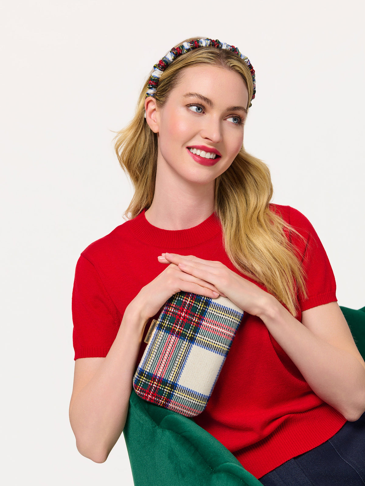Scottie Tartan Plaid Minaudiere Clutch, Ivory, shown in a styled setting
