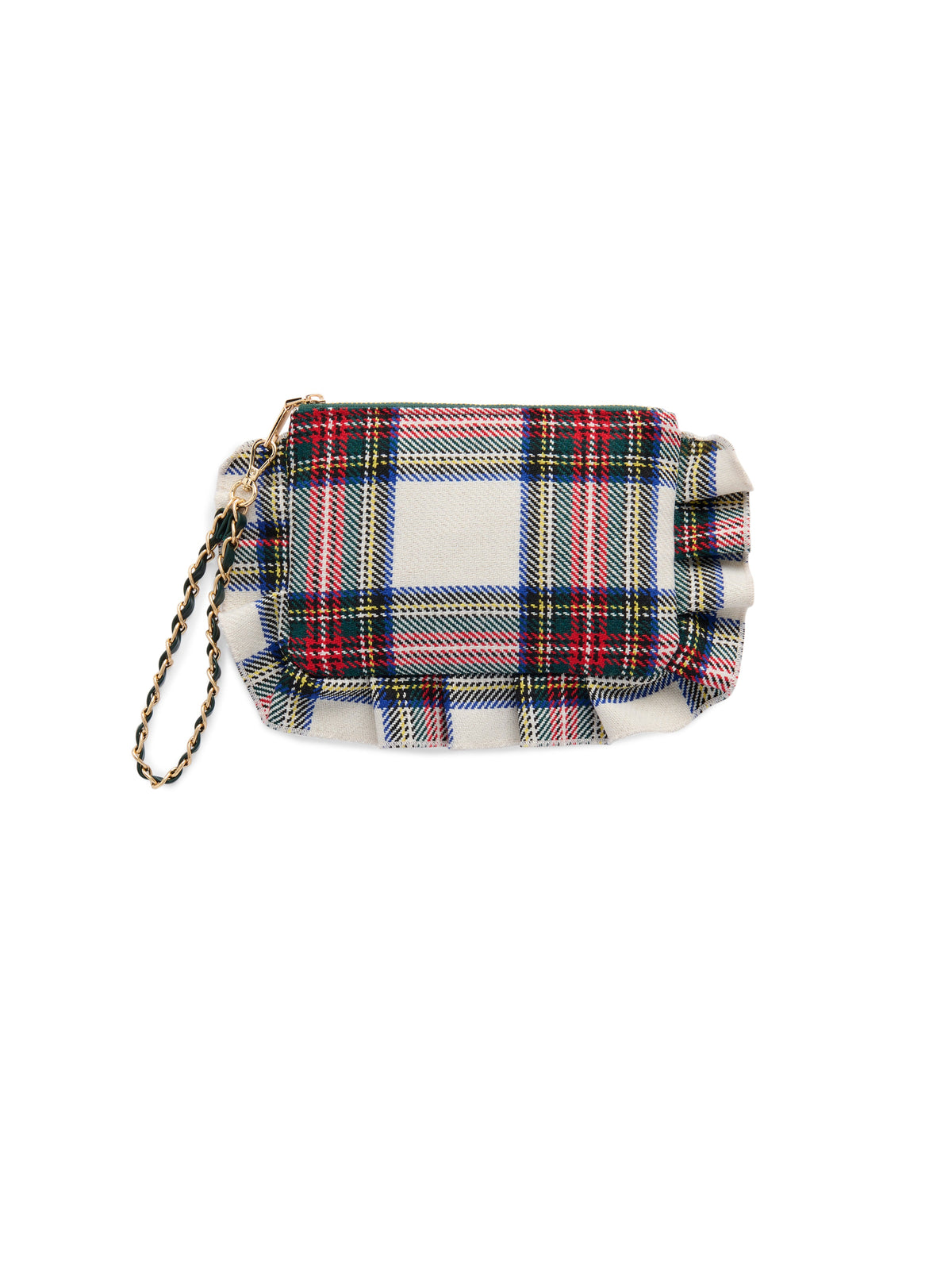 Scottie Ruffle Tartan Wristlet, Ivory, An ivory tartan pouch with red, green and blue plaid, a ruffled edge, a top zip and a chain wrist strap.