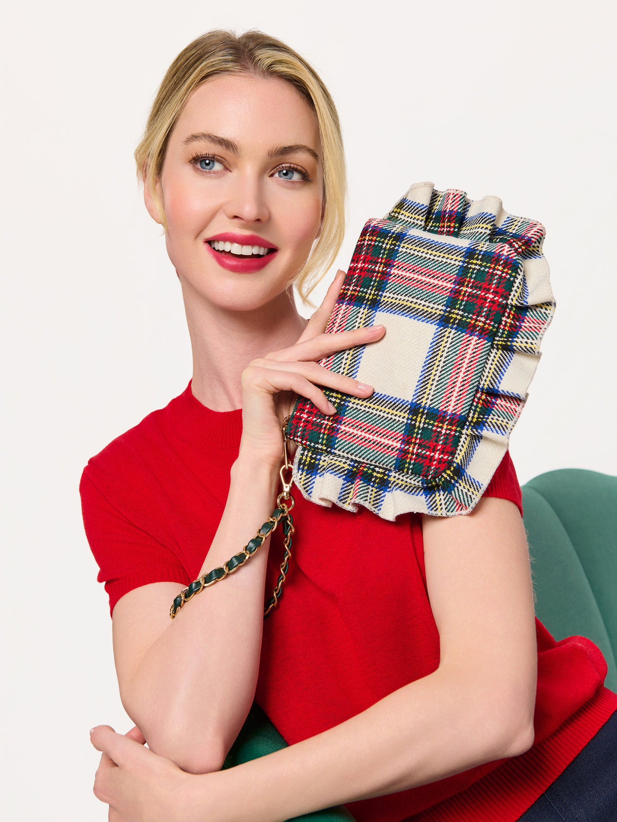 Scottie Ruffle Tartan Wristlet, Ivory, shown in a styled setting