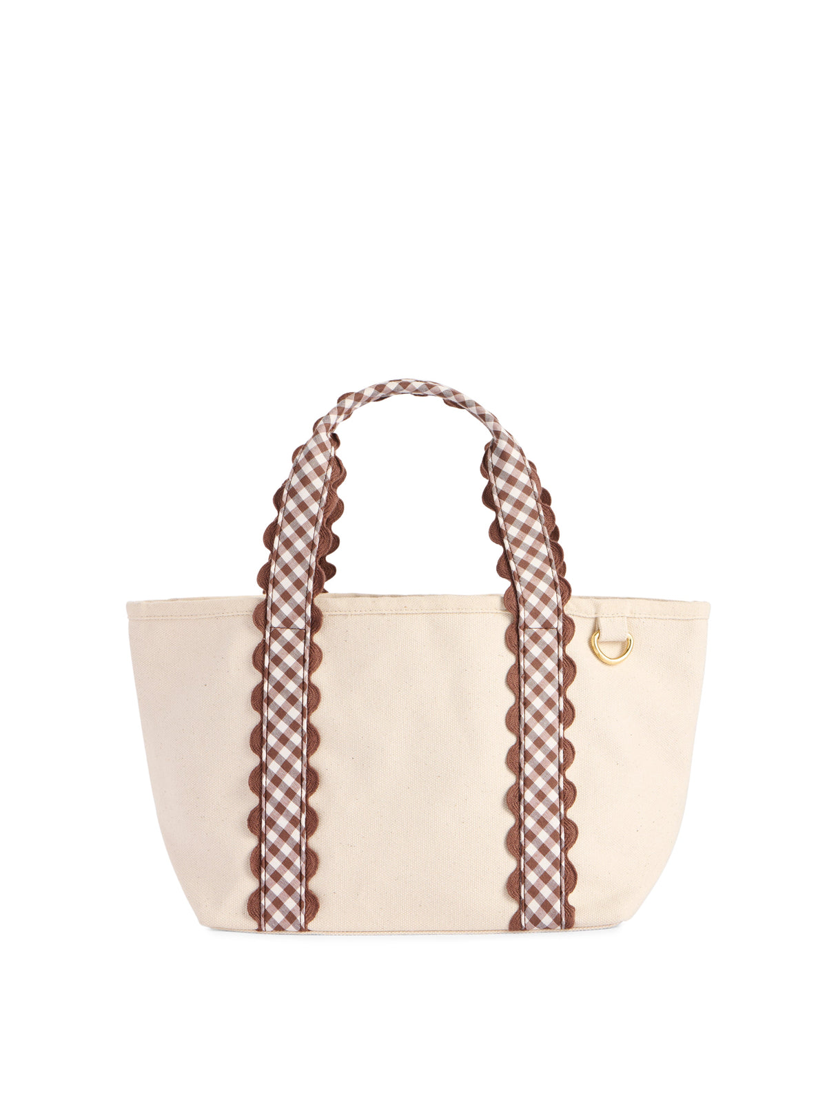 Darling Gingham Strap Canvas Mini Tote, Brown, A cream canvas mini tote with brown and white gingham handles edged in brown scalloped trim and a gold D ring on the side.