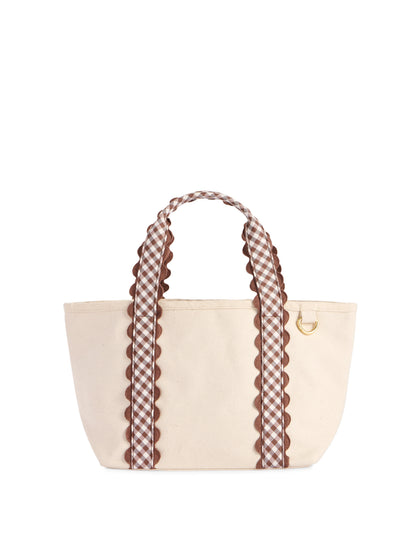 Darling Gingham Strap Canvas Mini Tote, Brown, A cream canvas mini tote with brown and white gingham handles edged in brown scalloped trim and a gold D ring on the side.