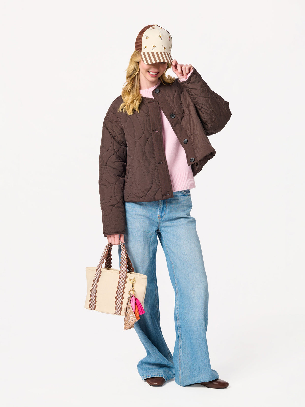 Darling Gingham Strap Canvas Mini Tote, Brown, A cream canvas mini tote with brown and white gingham handles edged in brown scalloped trim and a gold D ring on the side.