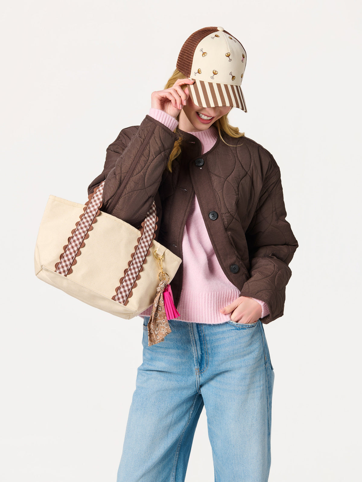Darling Gingham Strap Canvas Mini Tote, Brown, shown in a styled setting