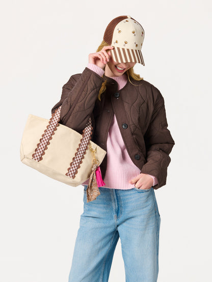 Darling Gingham Strap Canvas Mini Tote, Brown, shown in a styled setting