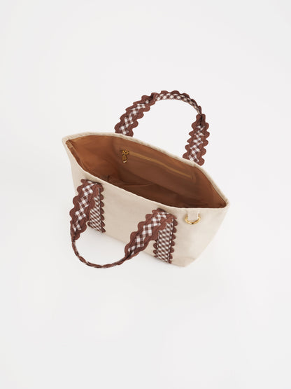 Darling Gingham Strap Canvas Mini Tote, Brown, shown in a styled setting
