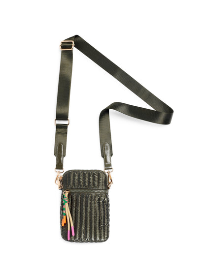 Logan Shiny Quilted Nylon Phone Holder Crossbody Bag, Olive