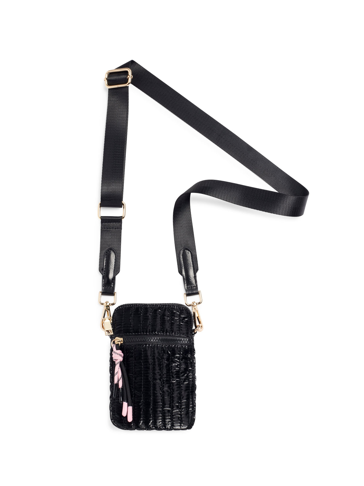 Logan Shiny Quilted Nylon Phone Holder Crossbody Bag, Onyx