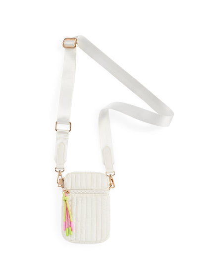Logan Shiny Quilted Nylon Phone Holder Crossbody Bag, Pearl