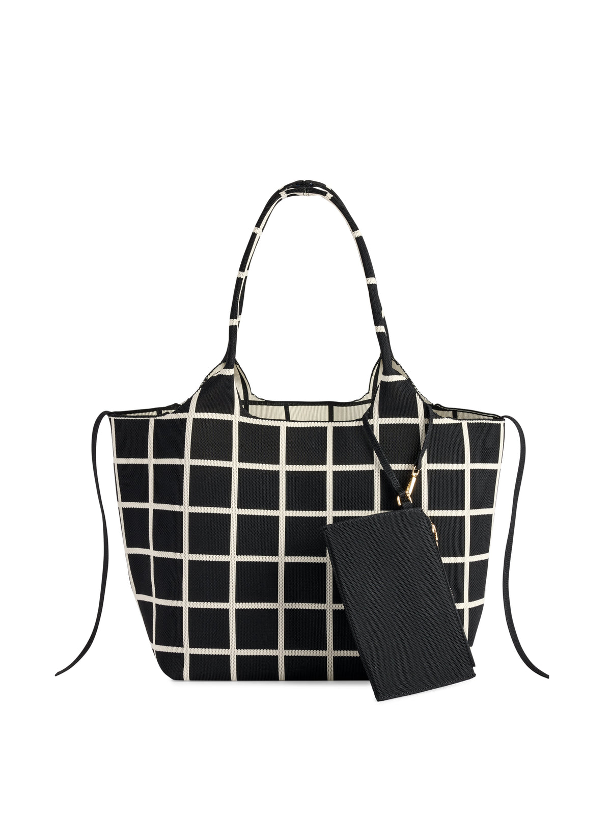 Robbie Knit Tote with Detachable Pouch, Ink, A black knit tote with a cream grid pattern, a tie at each side and a matching black pouch hanging from a gold clip.