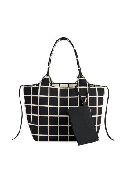 Robbie Knit Tote with Detachable Pouch, Ink, A black knit tote with a cream grid pattern, a tie at each side and a matching black pouch hanging from a gold clip.