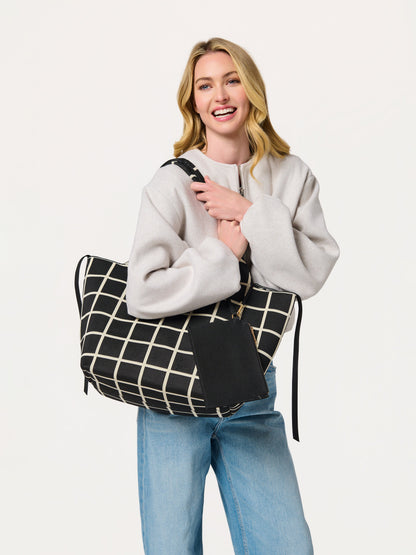 Robbie Knit Tote with Detachable Pouch, Ink, shown in a styled setting