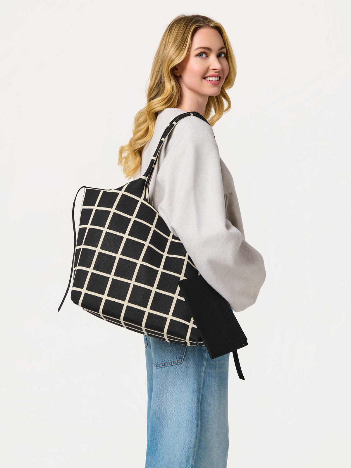 Robbie Knit Tote with Detachable Pouch, Ink, shown in a styled setting