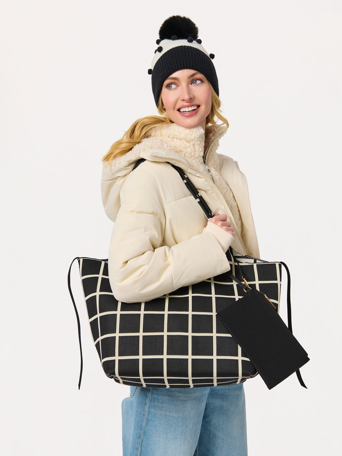Robbie Knit Tote with Detachable Pouch, Ink, shown in a styled setting