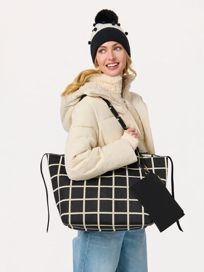 Robbie Knit Tote with Detachable Pouch, Ink, shown in a styled setting
