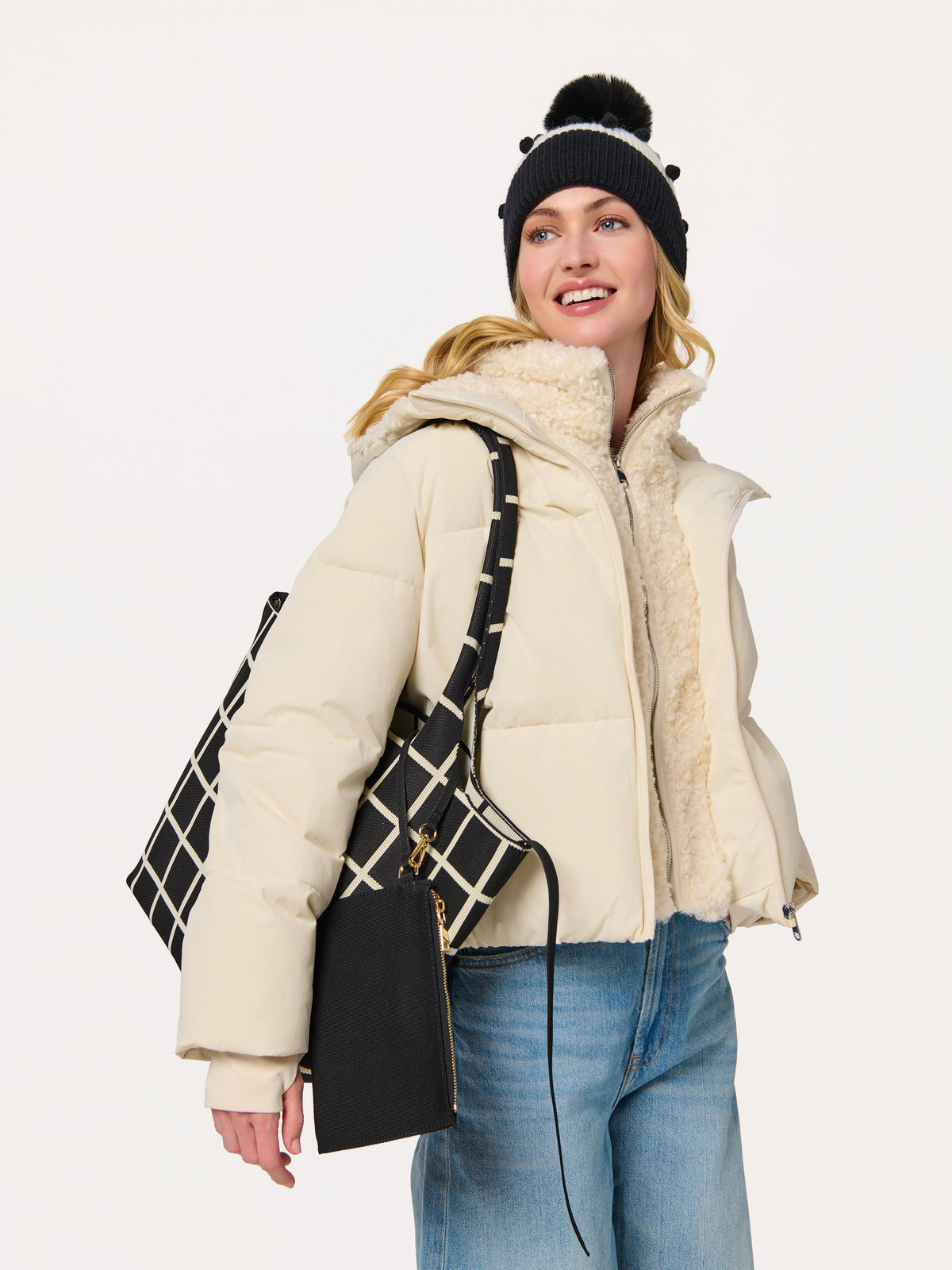 Robbie Knit Tote with Detachable Pouch, Ink, shown in a styled setting
